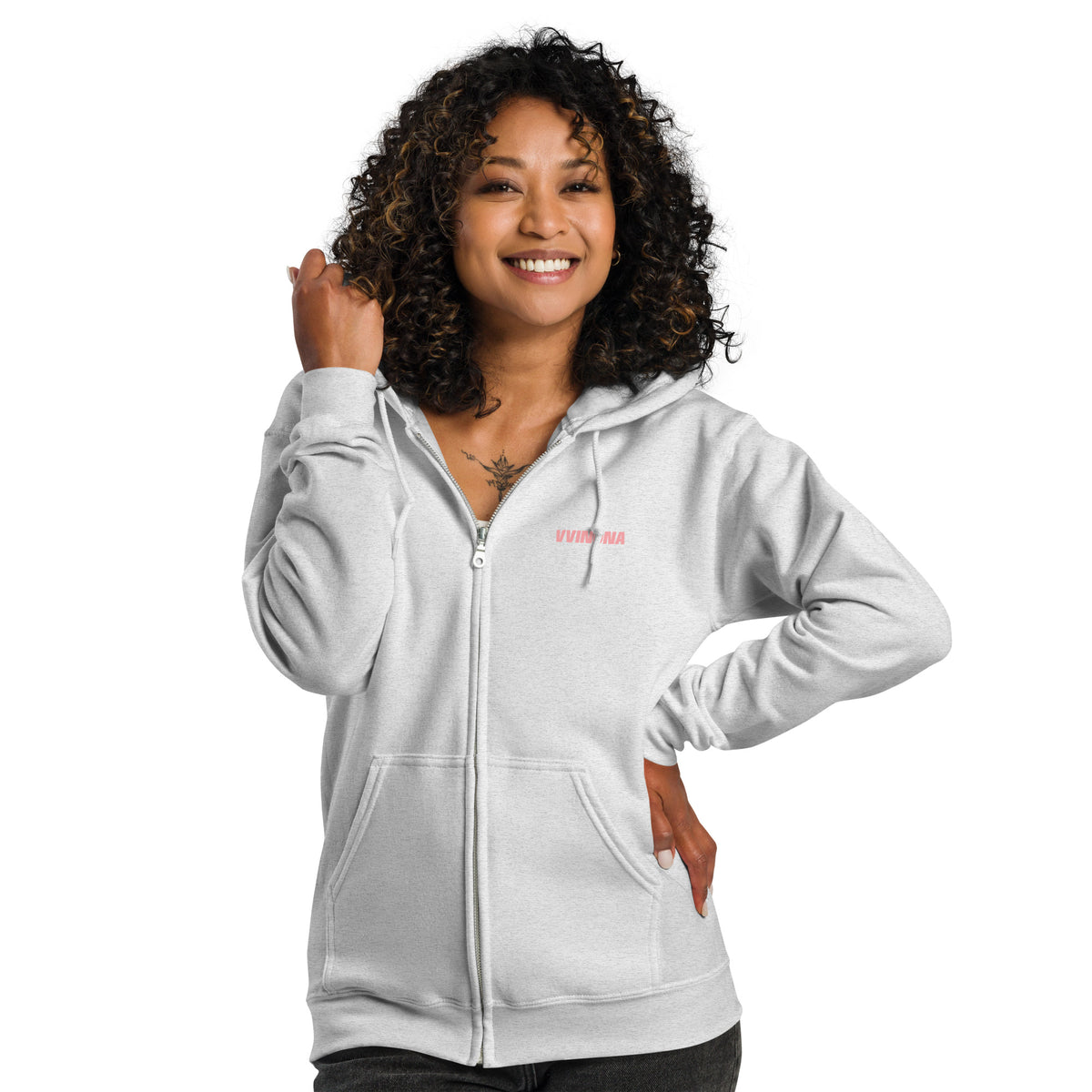 VVINONA Unisex Zip Hoodie in ash – front view