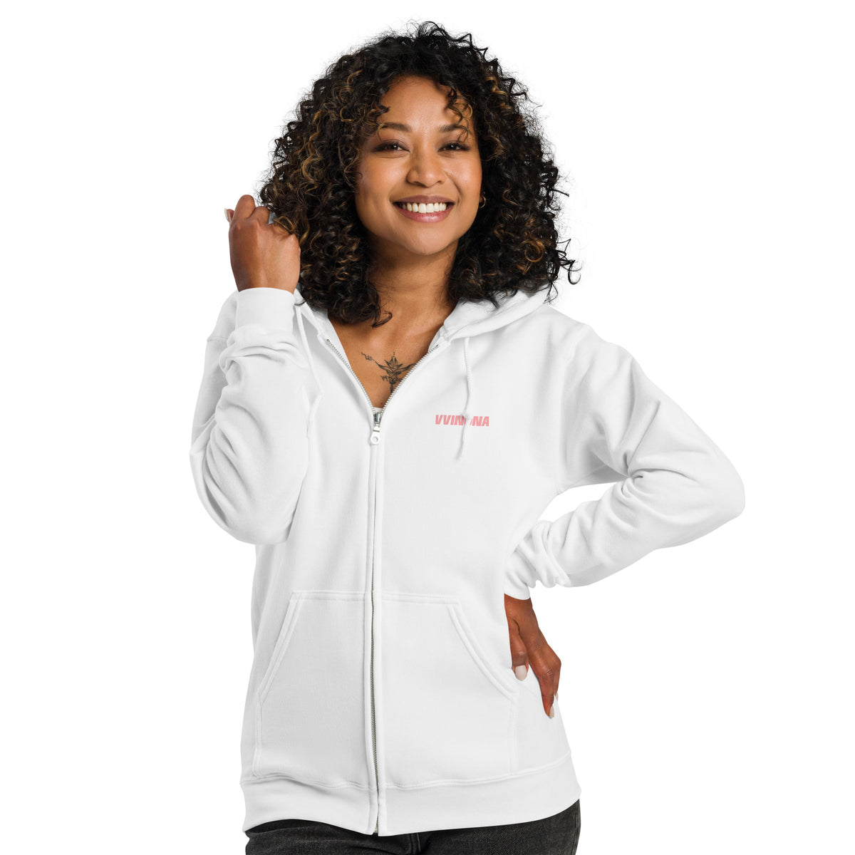VVINONA Unisex Zip Hoodie in white – front view