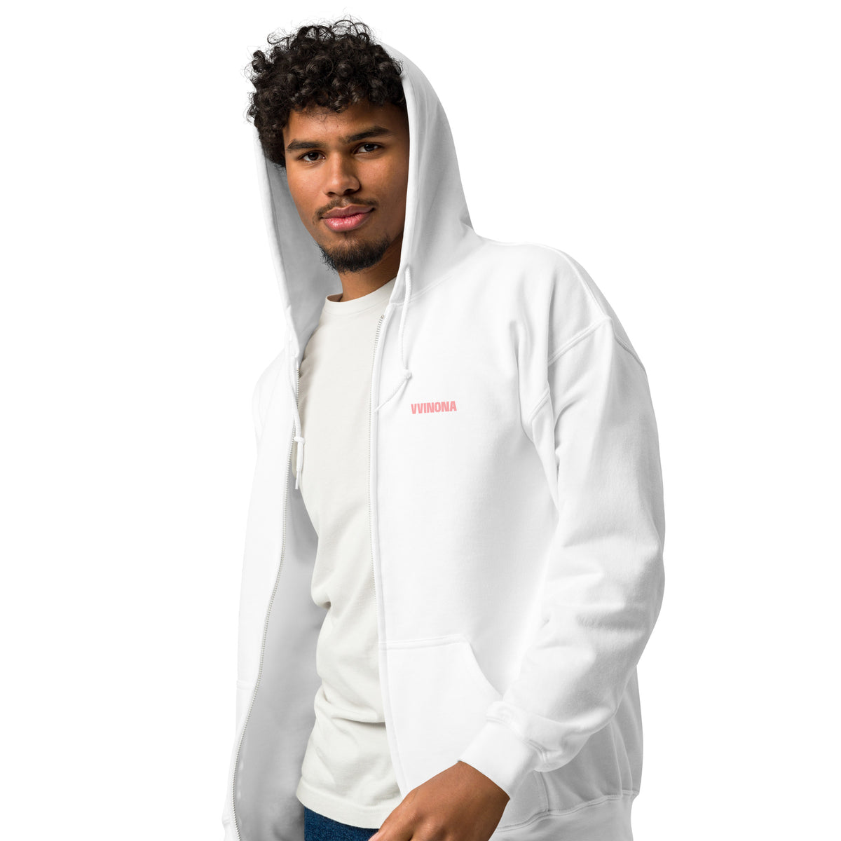VVINONA Unisex Zip Hoodie in white – front left view